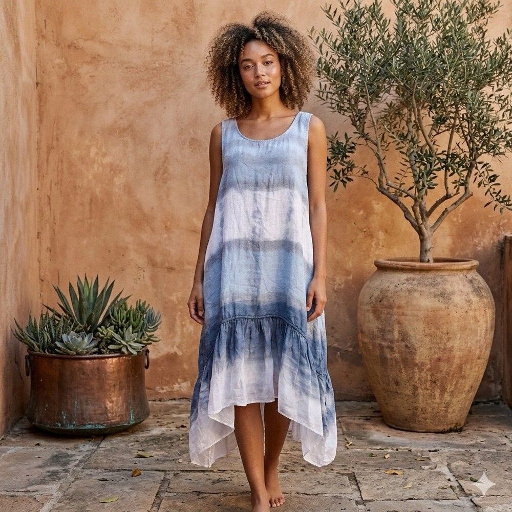 Tina Stephens Blue Linen Waterfall Dress OS High Low Ruffle Lagenlook Italy